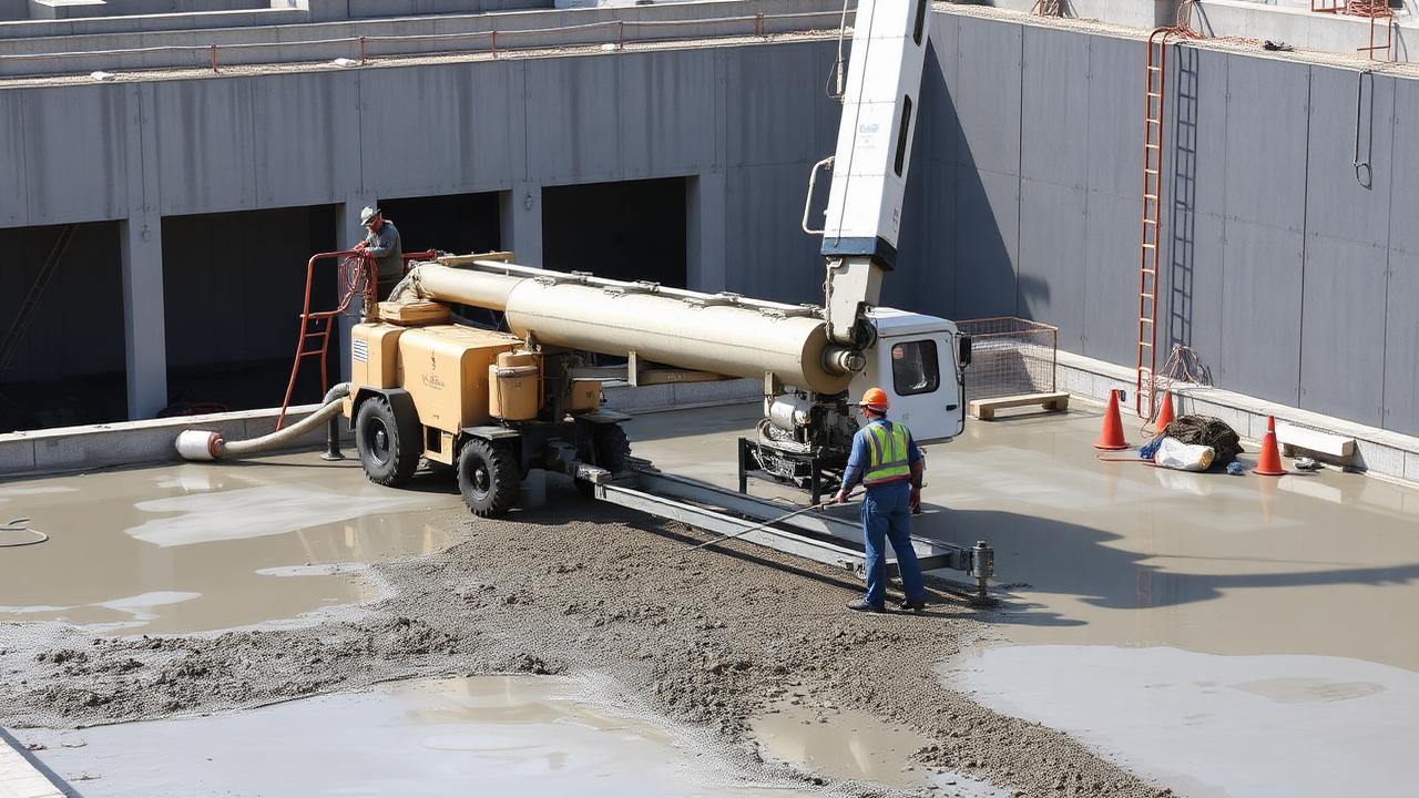 Proses pengecoran lantai beton menggunakan pompa beton long boom oleh tim PT Jaya Santrikon